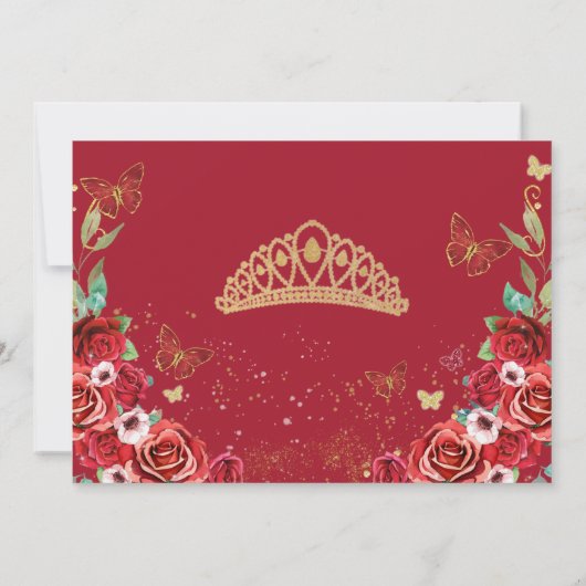 Rode Rozen Bloemen Vlinders Prinses Quinceañera Save The Date (Achterkant)