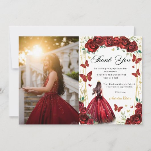 Rode Rozen Bloemen Vlinders Quinceañera Foto Bedankkaart (Voorkant)