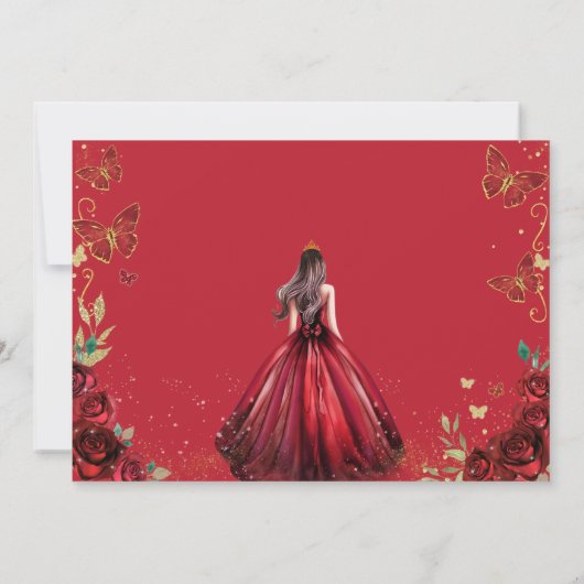 Rode Rozen Bloemen Vlinders Quinceañera Foto Bedankkaart (Achterkant)