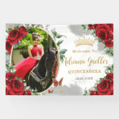 Rode Rozen Bloemen Vlinders Quinceañera Foto Spandoek (Horizontaal)