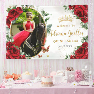 Rode Rozen Bloemen Vlinders Quinceañera Foto Spandoek