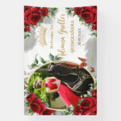 Rode Rozen Bloemen Vlinders Quinceañera Foto Spandoek (Verticaal)