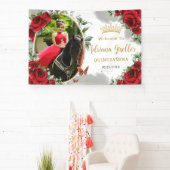 Rode Rozen Bloemen Vlinders Quinceañera Foto Spandoek (Insitu)