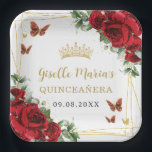Rode Rozen Bloemen Vlinders Quinceañera Papieren Bordje<br><div class="desc">Coördineer uw feest met deze elegante gepersonaliseerde Red Roses Floral Paper Borden. Personaliseer ze gemakkelijk en snel, klik op de knop verder aanpassen om de teksten te bewerken, lettertypen en lettertypekleuren te wijzigen. Met prachtige waterverf rode rozenbloemen, gouden vlinders en een gouden geometrisch lijst. Overeenkomende objecten beschikbaar in de winkel....</div>