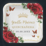 Rode Rozen Bloemen Vlinders Quinceañera Papieren Bordje<br><div class="desc">Coördineer uw feest met deze elegante gepersonaliseerde Red Roses Floral Paper Borden. Personaliseer ze gemakkelijk en snel, klik op de knop verder aanpassen om de teksten te bewerken, lettertypen en lettertypekleuren te wijzigen. Met prachtige waterverf rode rozenbloemen, gouden vlinders en een gouden geometrisch lijst. Overeenkomende objecten beschikbaar in de winkel....</div>
