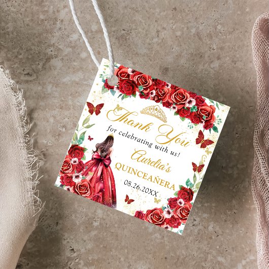 Rode Rozen Bloemen Vlinders Quinceañera Prinses Bedankjes Labels