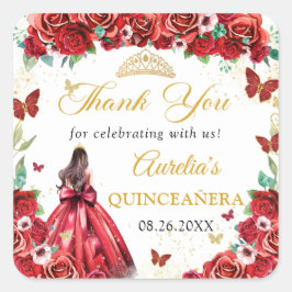 Rode Rozen Bloemen Vlinders Quinceañera Prinses Vierkante Sticker