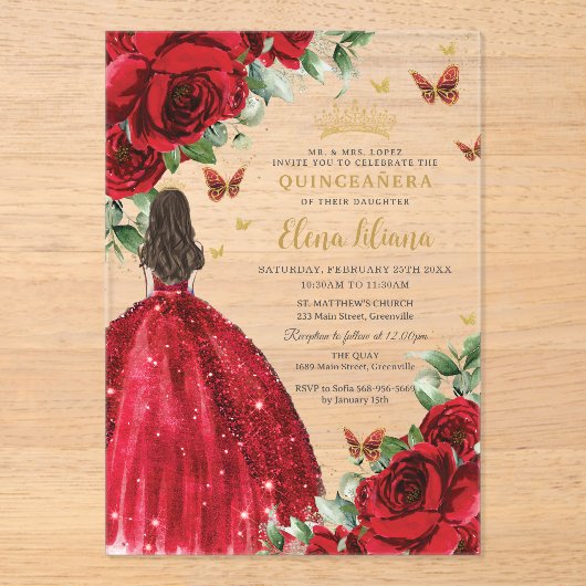 Rode Rozen Bloemen Vlinders Quinceañera Sweet 16 Acryl Uitnodigingen (Voorkant)