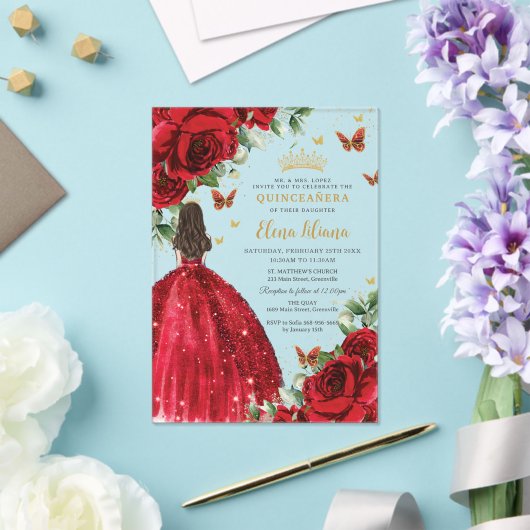 Rode Rozen Bloemen Vlinders Quinceañera Sweet 16 Acryl Uitnodigingen (Insitu (Huwelijk))