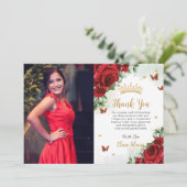 Rode Rozen Bloemen Vlinders Quinceañera Sweet 16 Bedankkaart (Staand voorkant)