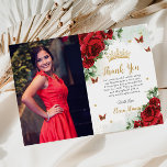 Rode Rozen Bloemen Vlinders Quinceañera Sweet 16 Bedankkaart<br><div class="desc">Personaliseer deze boho chique levendige rode bloemenquinceañera / Sweet 16 birthday afbeelding bedankje gemakkelijk en snel. Klik op de knop verder aanpassen om de teksten te bewerken, lettertypen en lettertypekleuren te wijzigen. Met prachtige felrode rozen en rode en gouden vlinders. Overeenkomende objecten beschikbaar in de winkel. c) Somerset Fine Paperie...</div>
