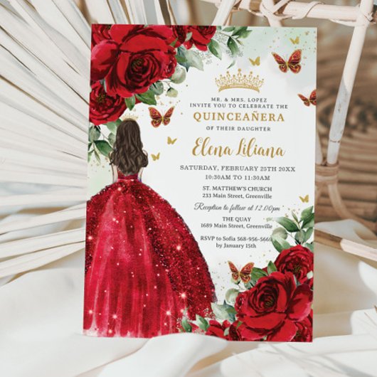 Rode Rozen Bloemen Vlinders Quinceañera Sweet 16 Kaart