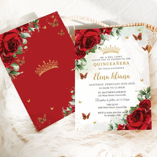 Rode Rozen Bloemen Vlinders Quinceañera Sweet 16 Kaart