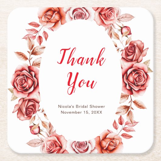 Rode Rozen Bloemen Vrijgezellenfeest Vierkante Pap Kartonnen Onderzetters (Voorkant)