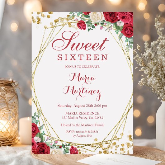 Rode Rozen Bloemen Zoete 16e verjaardag Uitnodigin Kaart