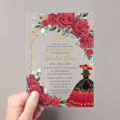 Rode Rozen Bloemen Zwart Charro Jurk Quinceañera Acryl Uitnodigingen (Insitu (Draagbaar))