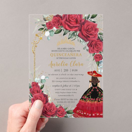 Rode Rozen Bloemen Zwart Charro Jurk Quinceañera Acryl Uitnodigingen (Insitu (Draagbaar))
