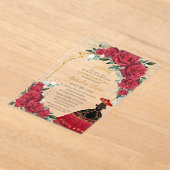 Rode Rozen Bloemen Zwart Charro Jurk Quinceañera Acryl Uitnodigingen (Laagn)