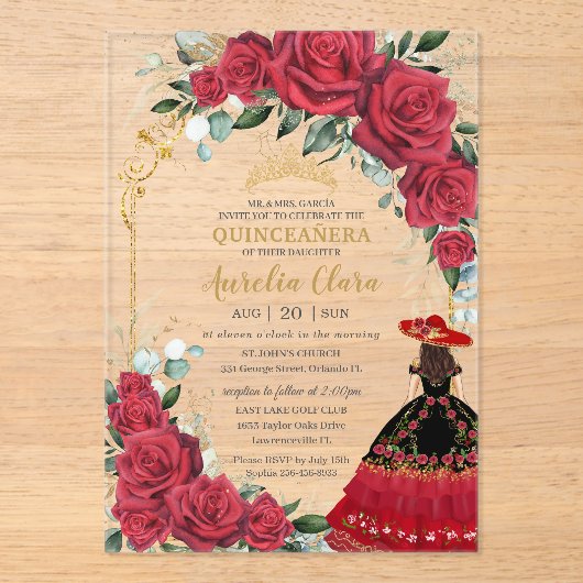 Rode Rozen Bloemen Zwart Charro Jurk Quinceañera Acryl Uitnodigingen (Voorkant)