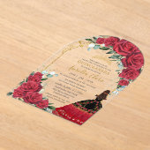 Rode Rozen Bloemen Zwart Charro Quinceañera Boog Acryl Uitnodigingen (Laagn)