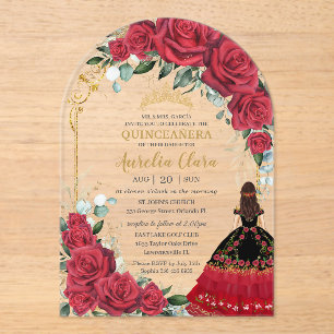 Rode Rozen Bloemen Zwart Charro Quinceañera Boog Acryl Uitnodigingen
