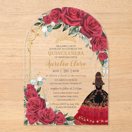 Rode Rozen Bloemen Zwart Charro Quinceañera Boog Acryl Uitnodigingen (Voorkant)