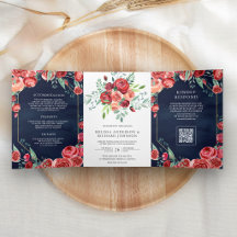 Rode Rozen Bloemencode Navyblauw Bruiloft