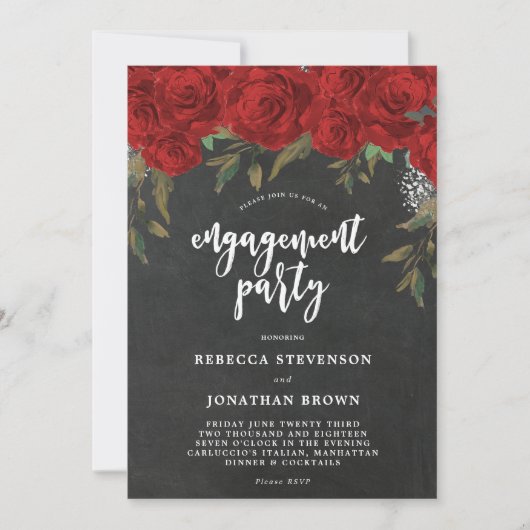 Rode Rozen Bloemenkrijt Engagement Party Uitnodigi Kaart (Voorkant)