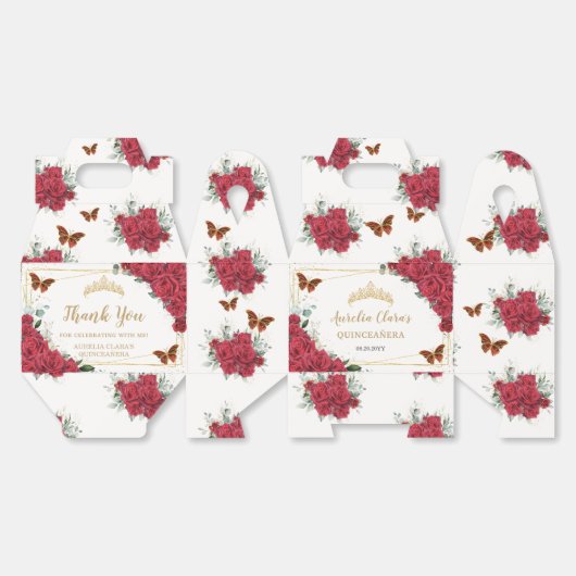 Rode Rozen Bloemenvlinders Gouden Verjaardagsgevel Bedankdoosjes (Ongevouwen)