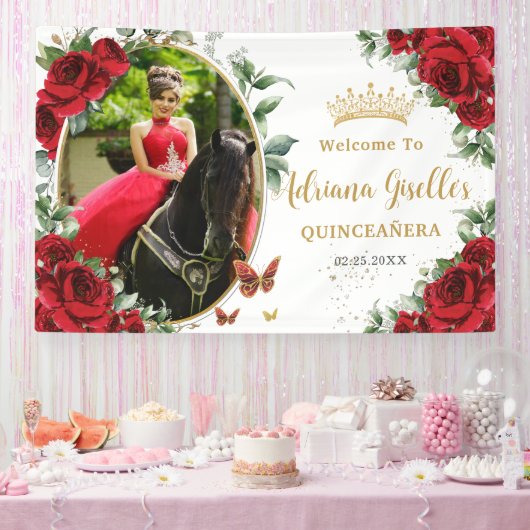 Rode Rozen Bloemenvlinders Quinceañera Foto Spandoek (Feest)