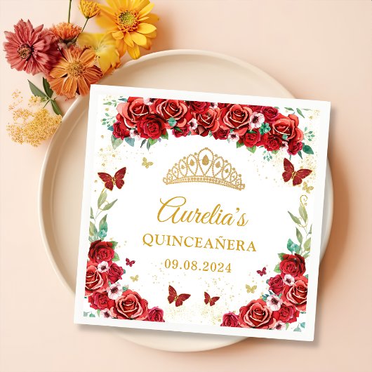Rode Rozen Bloemenvlinders Quinceanera servetten