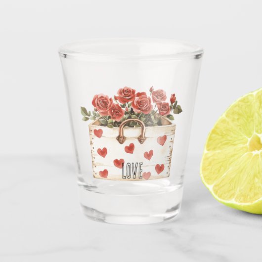 Rode Rozen Bloemhartens Liefde  Shot Glas (Voorkant)
