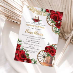Rode Rozen Bloemige Charro Laarzen Sweet 16 Quince Kaart