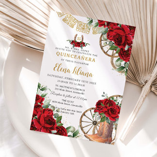 Rode Rozen Bloemige Charro Laarzen Sweet 16 Quince Kaart