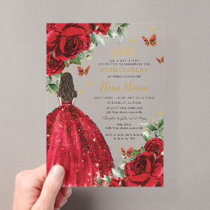 Rode Rozen Bloemige Vlinders Quinceañera Sweet 16 Acryl Uitnodigingen