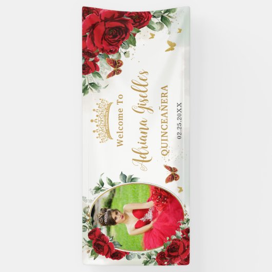 Rode Rozen Bloemrijke Gouden Quinceañera Foto Acht Spandoek (Verticaal)