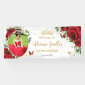 Rode Rozen Bloemrijke Gouden Quinceañera Foto Acht Spandoek (Horizontaal)