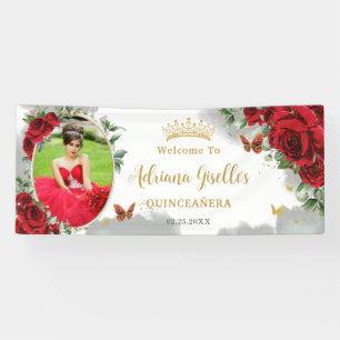 Rode Rozen Bloemrijke Gouden Quinceañera Foto Acht Spandoek