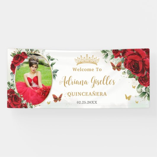 Rode Rozen Bloemrijke Gouden Quinceañera Foto Acht Spandoek (Horizontaal)