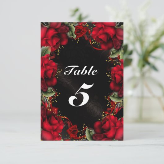 Rode rozen bloemstuk bruiloft tafel nummermerk kaart (Staand voorkant)