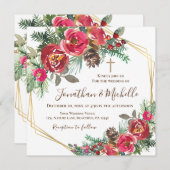 Rode Rozen Bloemstuk Gouden Kruis Christelijke Bru Kaart (Voorkant / Achterkant)