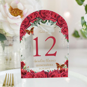 Rode Rozen Bloemstuk Gouden Quinceañera 16 Tafelnu Acryl Uitnodigingen