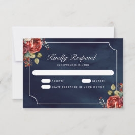 Rode Rozen Bloemstuk Navy Blauwe Trouwfeest RSVP Kaartje