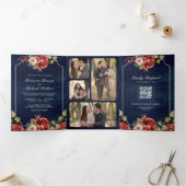 Rode Rozen Bloemstuk Navyblauw QR Code Huwelijk Drieluik Uitnodiging (Binnen)