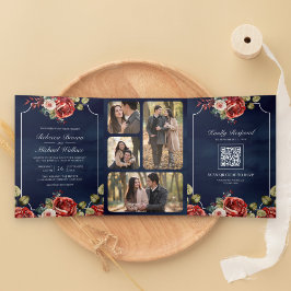 Rode Rozen Bloemstuk Navyblauw QR Code Huwelijk Drieluik Uitnodiging