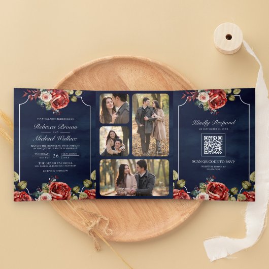 Rode Rozen Bloemstuk Navyblauw QR Code Huwelijk Drieluik Uitnodiging