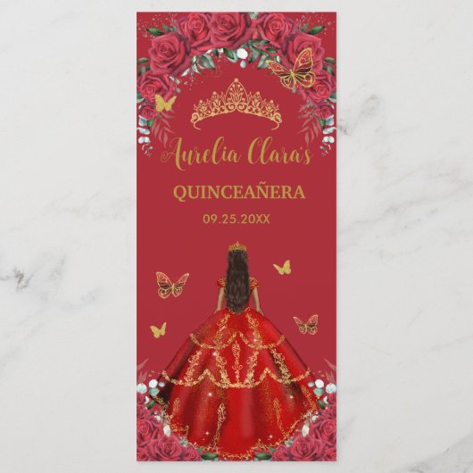 Rode Rozen Bloemstuk Quinceañera Bruine Prinses Me Programmakaart (Achterkant)