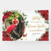Rode Rozen Bloemvlinders Quinceañera Foto Spandoek (Horizontaal)