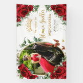 Rode Rozen Bloemvlinders Quinceañera Foto Spandoek (Verticaal)