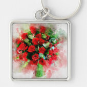 Rode Rozen Boeket Aquarel op Witte Achtergrond Sleutelhanger (Voorkant)